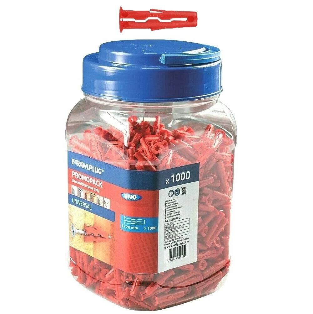 Rawlplug Uno Universal Wall Plugs | Jar of 6 mm RED | Rawl Plugs for Plasterboard Masonry Brick Concrete | Solid Wall Plug Anti Rotation Features | Plasterboard Fixings Jar of 500,L