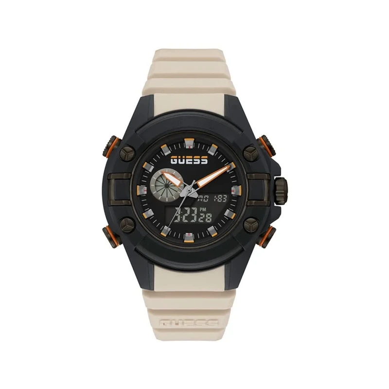 GUESS Men Polycarbonate Quartz Watch with Silicone Strap, Beige/Black/Black, One Size, G Force
