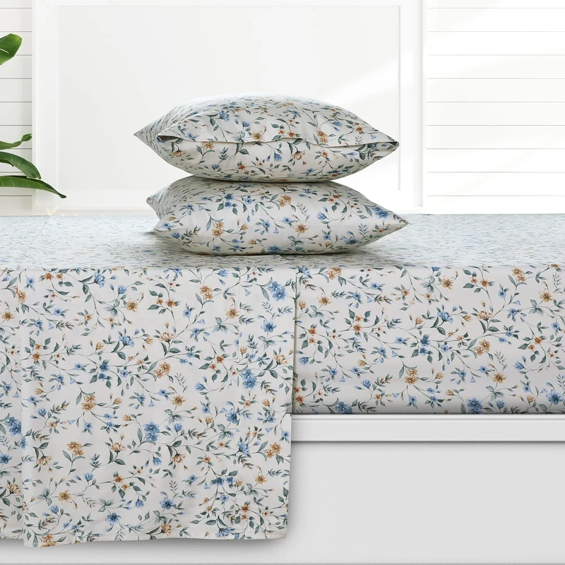 Azores 300 Thread Count Organic Cotton Deep Pocket Bed Sheet Set, Fits up to 19 Inch Mattress - Full, Carolina/Cream