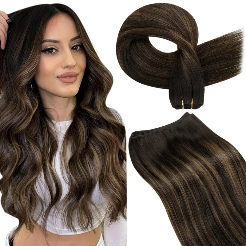 LaaVoo Weft Hair Extensions Real Human Hair Brown Sew in Hair Extensions 100g 16 Inch Full Head Straight Remy Balayage Darkest Brown Invisible Double Weft Weave #2/8/2