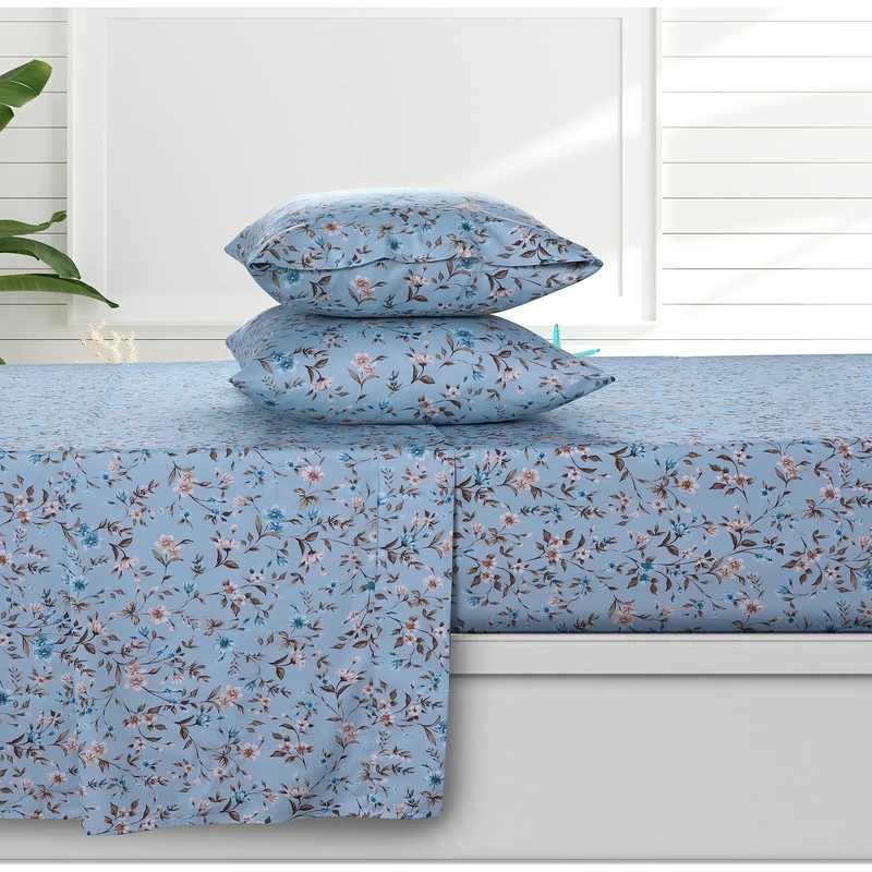 Azores 300 Thread Count Organic Cotton Deep Pocket Bed Sheet Set, Fits up to 19 Inch Mattress - Queen, Carolina/Blue