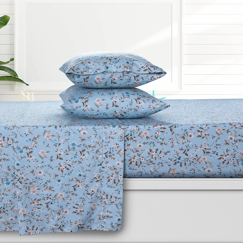 Azores 300 Thread Count Organic Cotton Deep Pocket Bed Sheet Set, Fits up to 19 Inch Mattress - King, Carolina/Blue