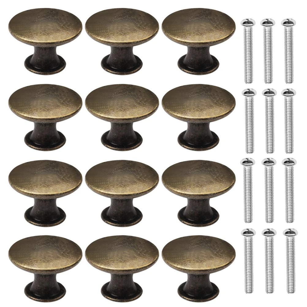 kuou 12 Pcs Bronze Kitchen Cabinet Drawers Cupboard Door Knobs, Vintage Copper Round Knobs Handles for Drawer Wardrobe Cupboard Door(30mm/with Screws)