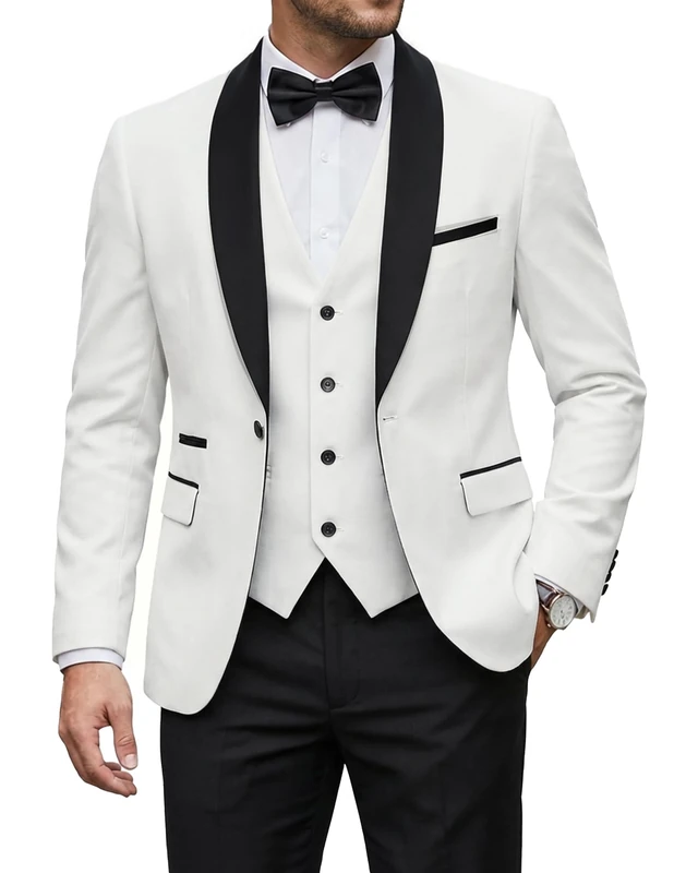 YND Men's 3 Piece Tuxedo Set One Button Shawl Collar Solid Jacket Vest Pants with Bow Tie, Black Collar White, M