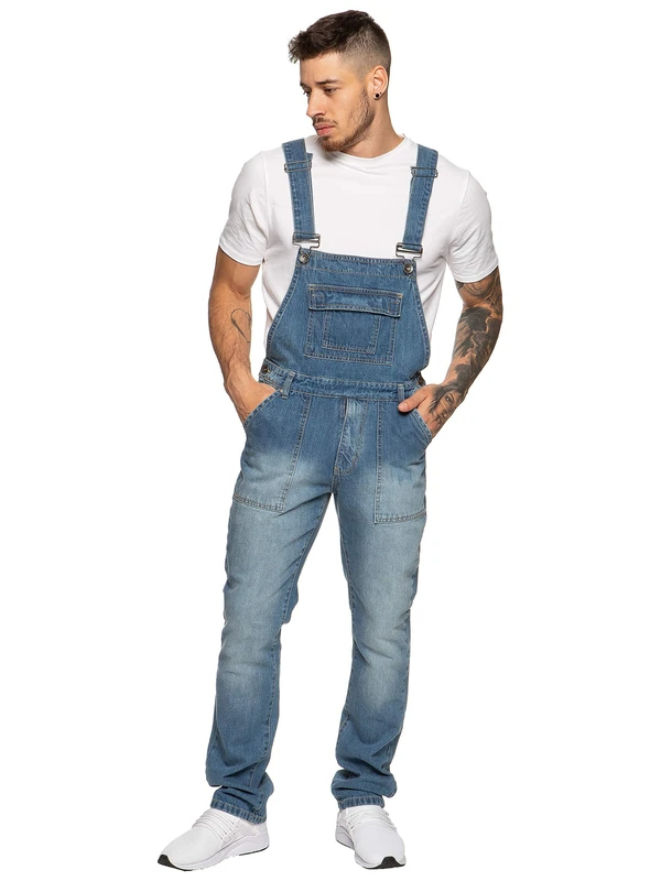 Enzo Men's EZD390 VEN Denim Dungarees Overalls, Light Stonewash, 44