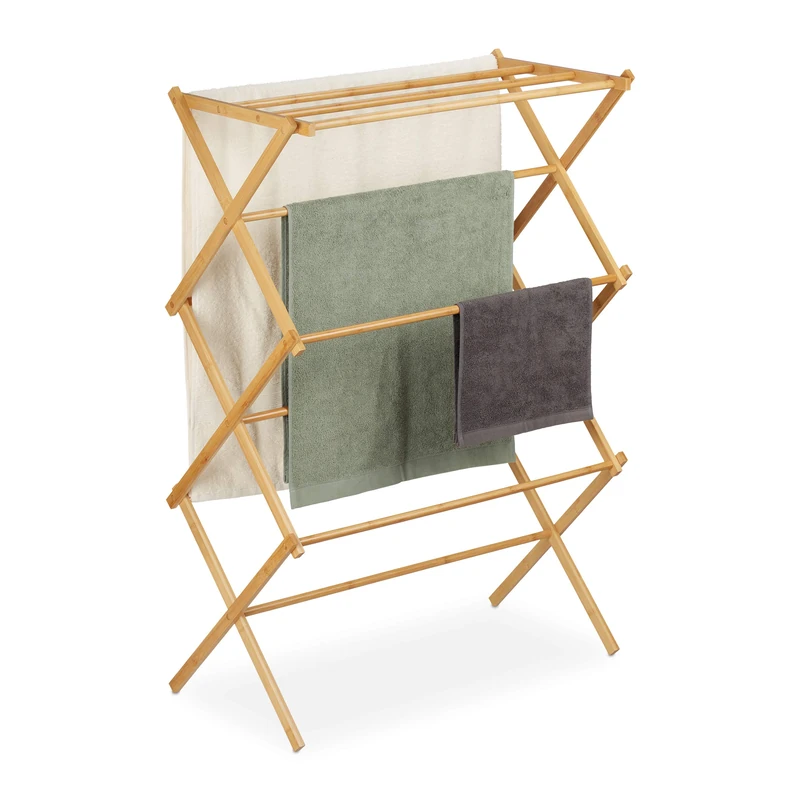 Relaxdays Bamboo Foldable Drying Rack, Towel Holder, HWD: 106 x 74 x 36 cm, 11 Bars on 6 Levels, Clothes Stand, Natural - Image 1
