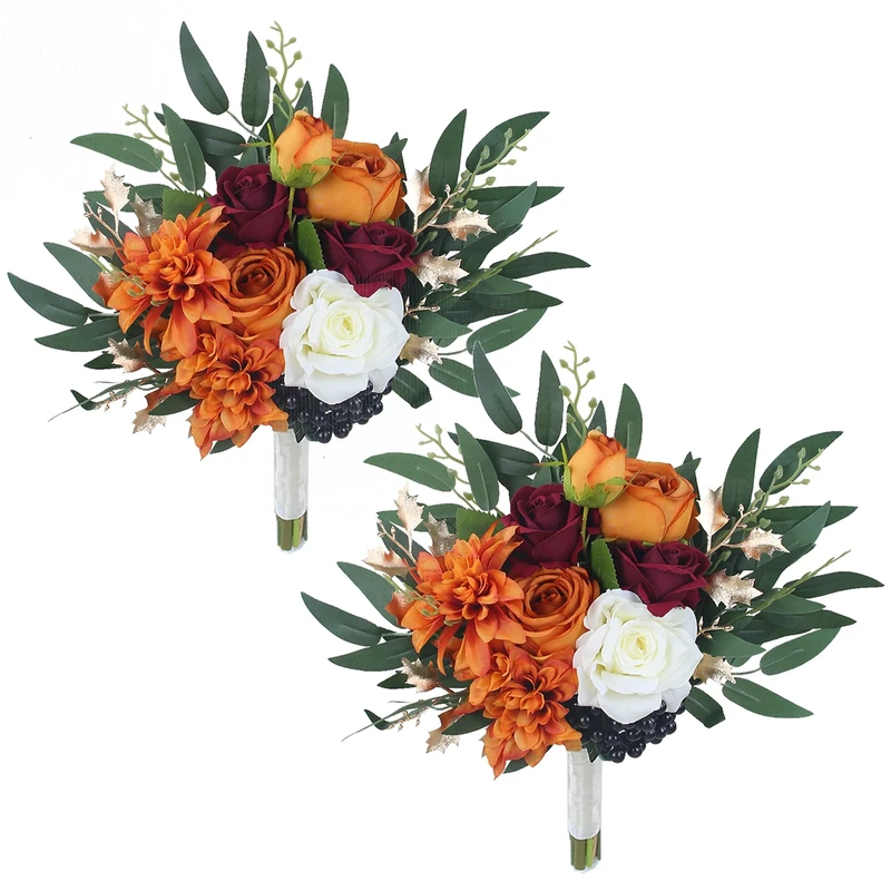 Rinlong Set of 2 Fall Wedding Bouquets for Bridesmaids Burnt Orange Bridesmaid Artificial Flowers Terracotta Bouquet Wedding Ceremony Terracotta