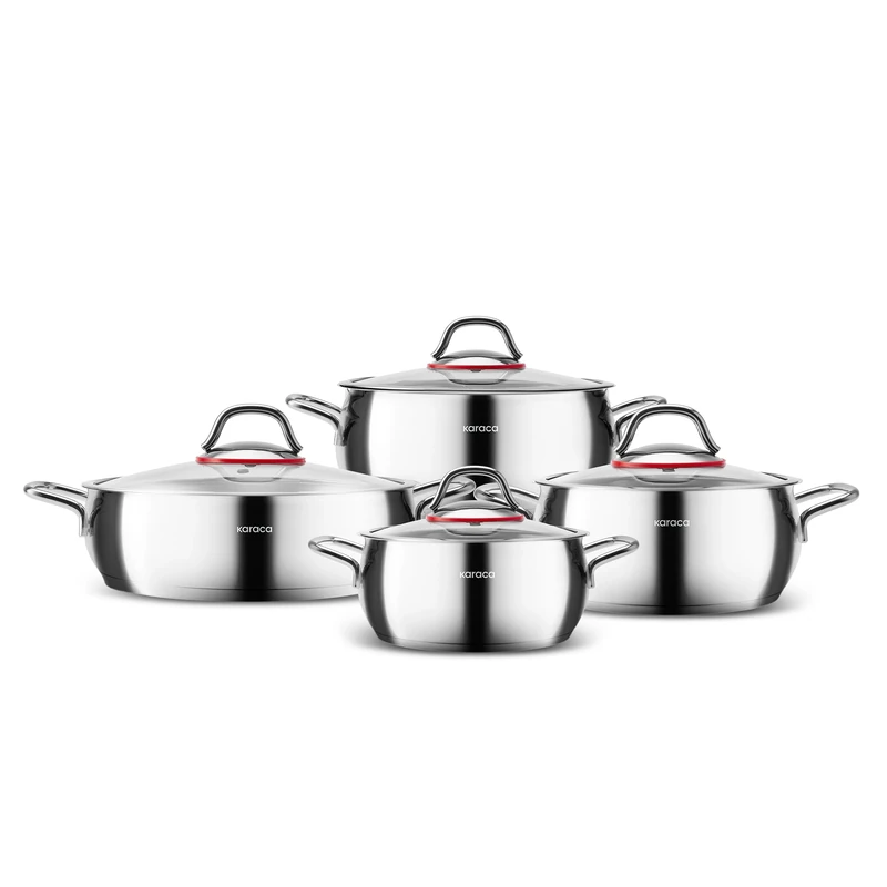 Karaca Emirgan 8-Piece Stainless Steel Pots Set - Induction Hob Cookware Kitchen Set w/ 4 Cooking Pots with 4 Glass Lids, PFOA Free, Dishwasher-Safe