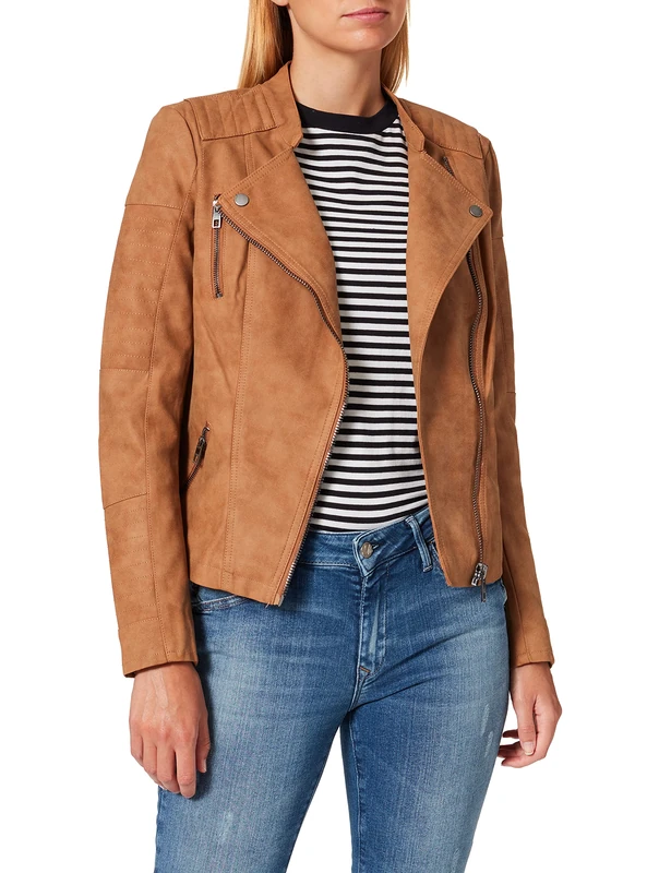 ONLY Women's Onlava Faux Leather Biker Otw Noos Jacket, Toasted Coconut, 8