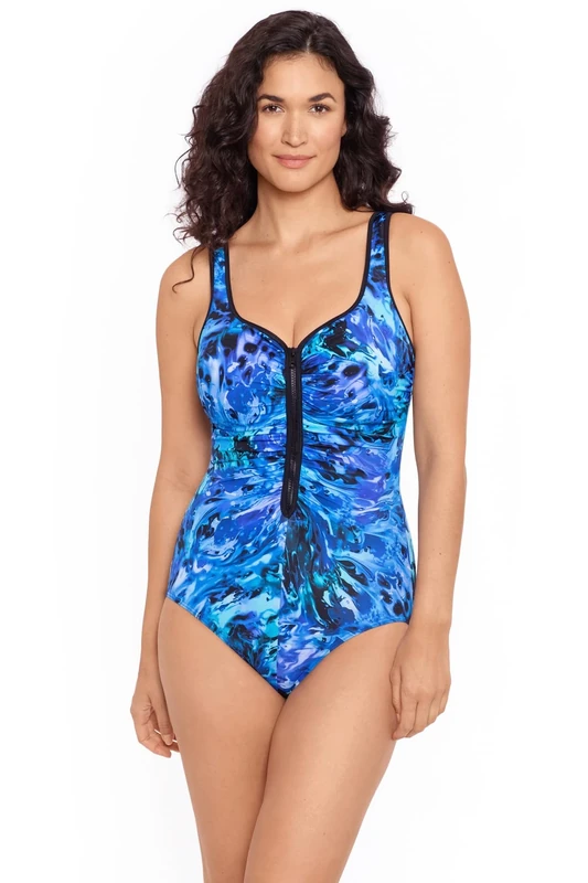 Reebok Women's Swimwear Lazer Tag One Piece Zip Front Soft Cup Swimsuit, Blue, 14