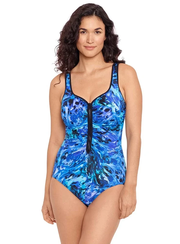 Reebok Women's Swimwear Lazer Tag One Piece Zipper Front Soft Cup Swimsuit, Blue, 12