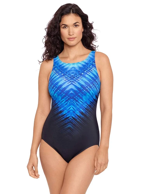 Reebok Women's Swimwear Psychedelic Voyage High Neck Soft Cup One Piece Swimsuit, Blue, 08