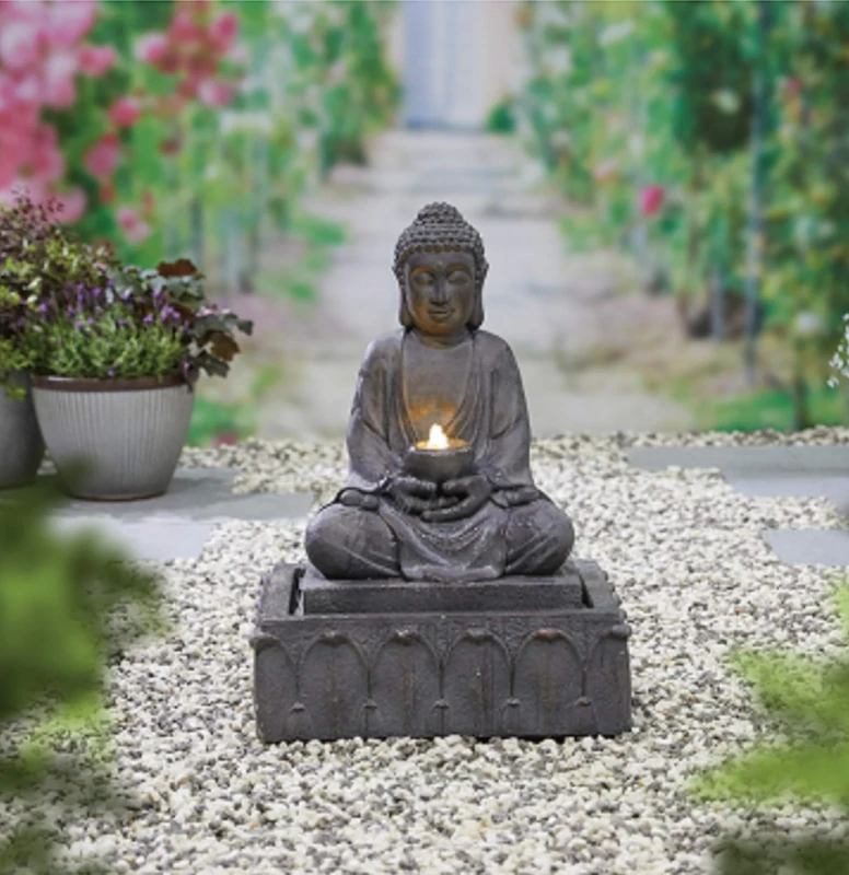 Easy Fountain Serenity Buddha Garden Water Feature – Self-Contained Outdoor Fountain with Recirculating Pump, Polyresin, for Patio & Garden