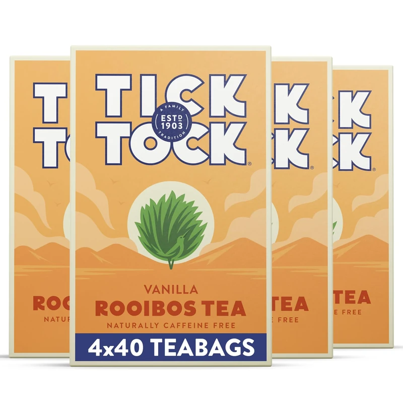 Tick Tock Vanilla Rooibos Tea - Caffeine-Free Pack of 4 x 40 Biodegradable Tea Bags (160 Teabags) for Wellbeing and Relaxation