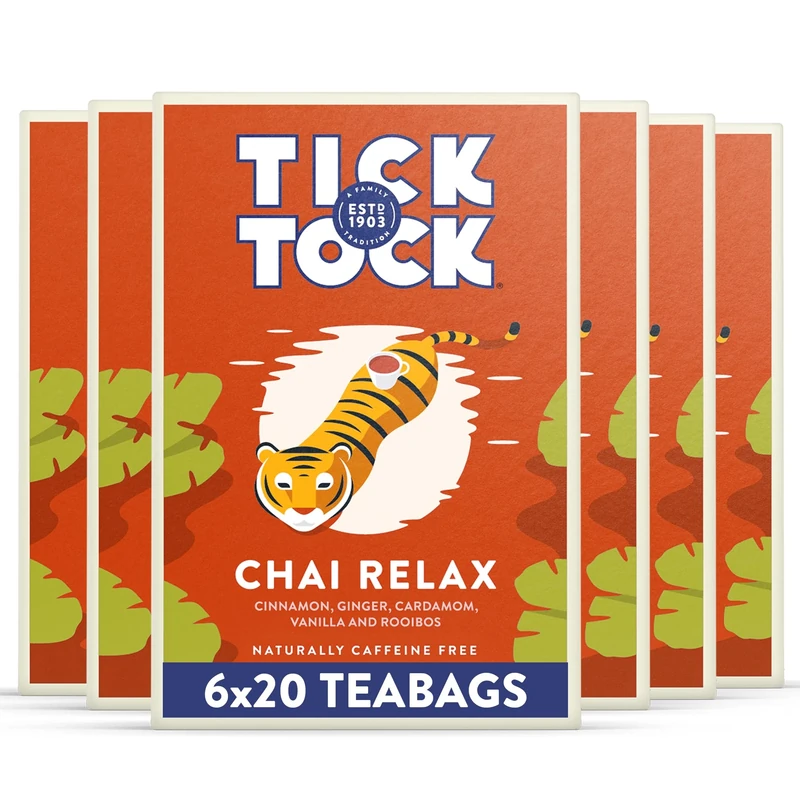 Tick Tock Wellbeing Relax Chai Tea 6 x 20 (120 Teabags), Caffeine-Free Rooibos Tea Bags with Cinnamon, Ginger, Cardamom & Vanilla