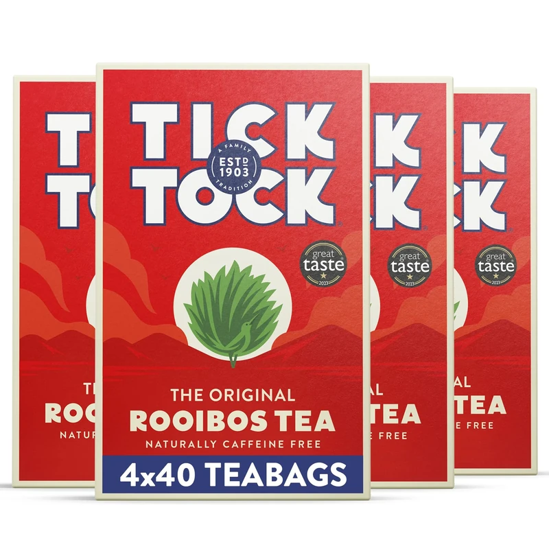 Tick Tock Rooibos Teabags, Caffeine-Free Tea, Pack of 4 x 40 Tea Bags (160 Teabags), Naturally Sweet Herbal Tea, Biodegradable, Rooibos UK, Redbush Tea Bags- 4 Pack