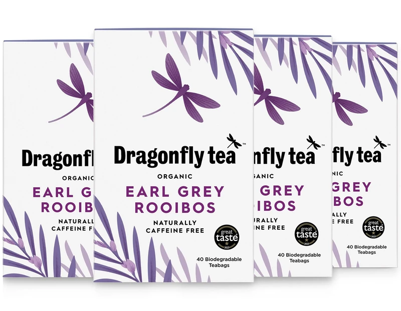 Dragonfly Organic Earl Grey Rooibos Tea, Pack of 4 x 40 (160 Teabags) Naturally Decaf Earl Grey Tea Bags, Caffeine-Free Teabags, With real Bergamot Oil
