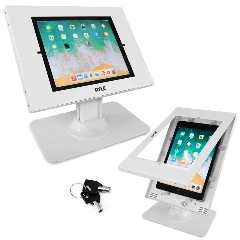 Pyle Anti-Theft Tablet Security Stand - Table Mount Desktop iPad Kiosk With Lock and Key, 90° Rotate 75° Tilt for iPad, Samsung Galaxy Tab A (2022) PSPADLK18, White