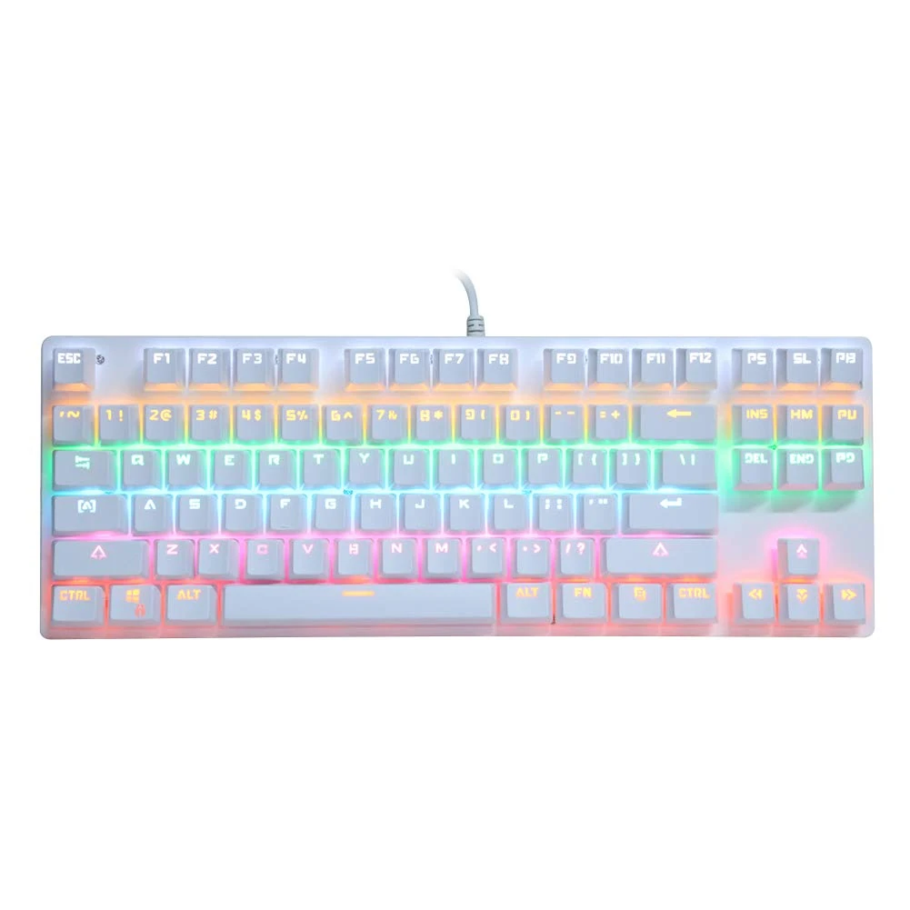 Mechanical Gaming Keyboard, 87 Keys Blue Anti-Ghosting Switch, LED Backlight, Rainbow Keyboards, for Windows/Mac/Android PC, with Micro-USB Cable, White