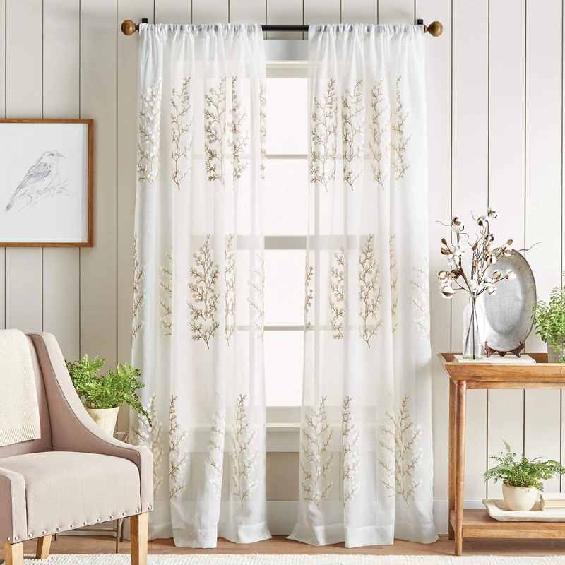 Martha Stewart Georgia Embroidery Sheer Rod Pocket Window Curtain Panel Pair, 95", Ivory