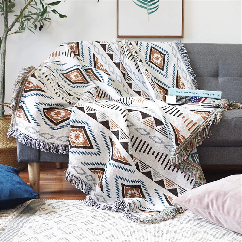 Luxlovery Aztec Throw Blankets Beige Tribal Boheiman Throws Ethnic Woven Boho Geometric White and Khaki for Couch, Bed, Oversized Chair Sofa Cover with Tassels(63"x86")