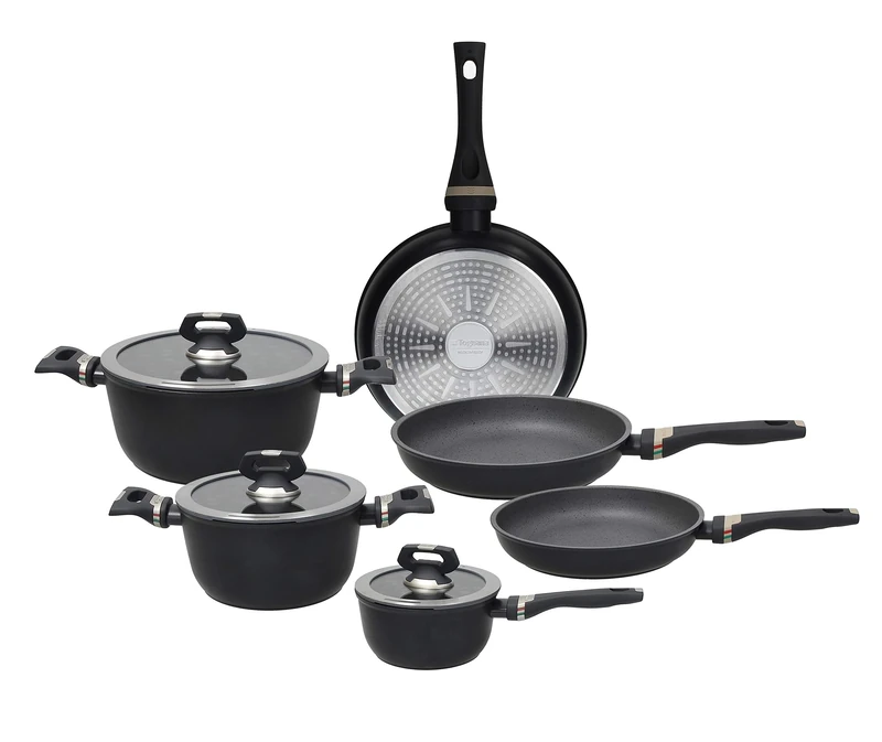 Tognana Italika Premium Non-Stick Cookware and Pans Set with 3 Pans, 3 Saucepans, 3 Glass Lids, 9 Pieces, Aluminium, Black