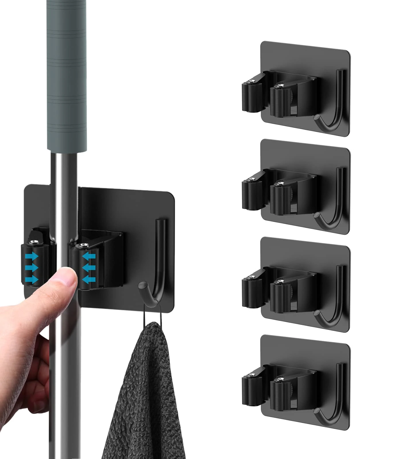 homeasy Mop Broom Holder, 4 Pcs Stainless Steel Self Adhesive Mop Holder Wall Mounted with Hooks Hanger Self-Adhesive Broom Holder for Bathroom, Kitchen, Office, Closet, Garden Garage(Black)