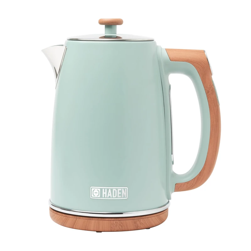 Haden Dorchester Temperature Control Kettle - 3000w Rapid Boil, Wood Effect Finish, 1.7litre - Green Stainless Steel Kettle - Overheat Protection - Digital Display