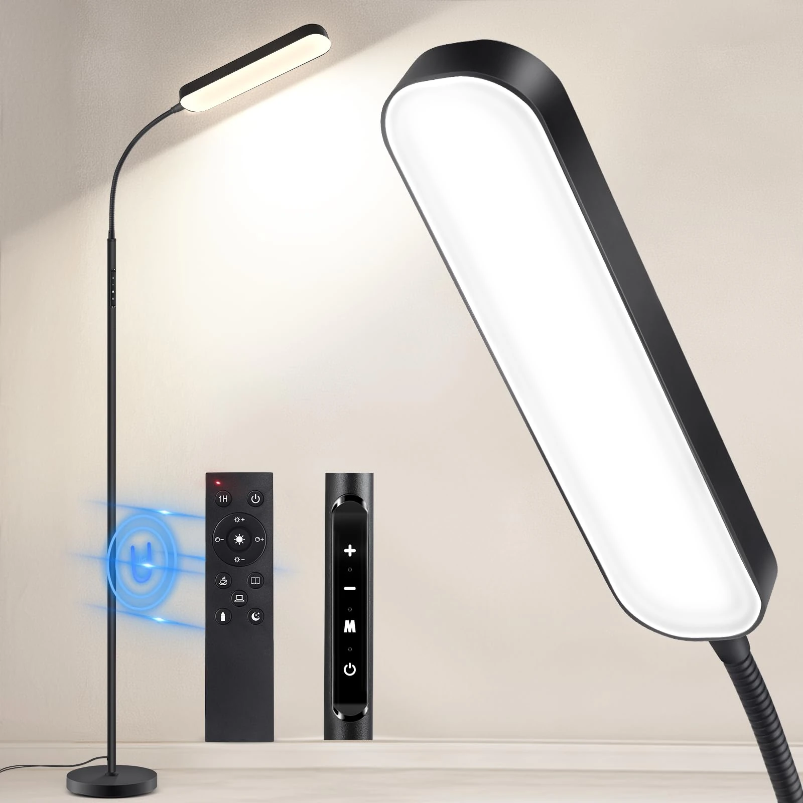 OUTON LED Floor Lamp 15W 1500LM, Dimmable Adjustable Modern Standing Light with 4 Color Temperature, Remote & Touch Control, 1 Hour Timer for Reading Living Room Bedroom Office Sewing (Black)