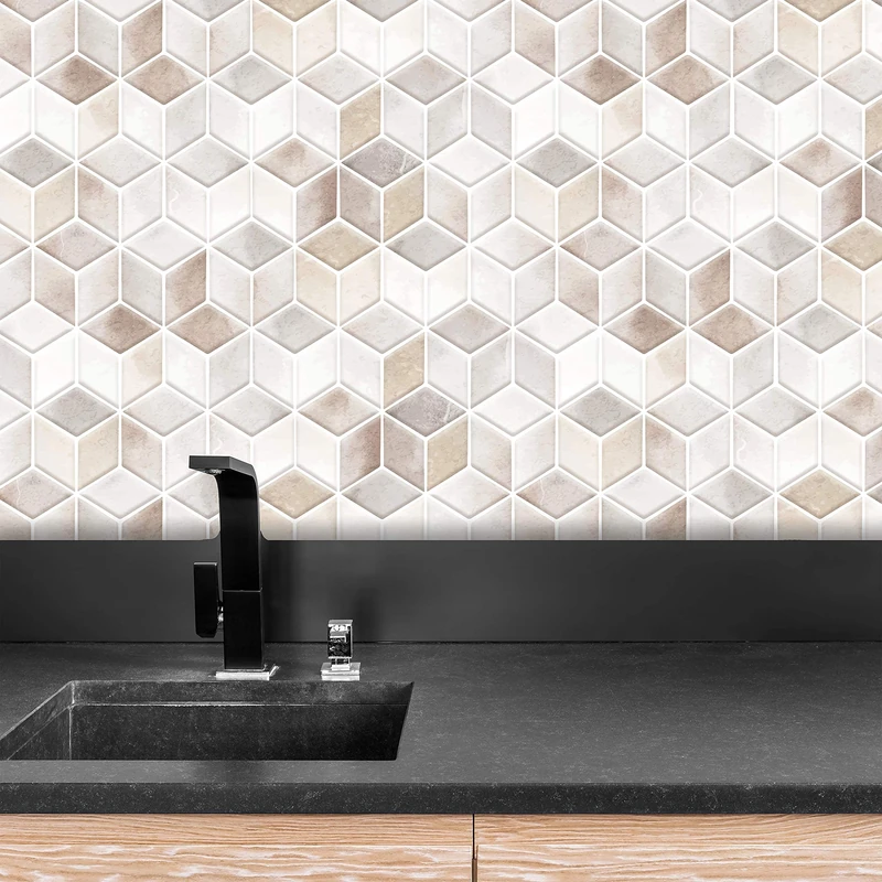 WALPLUS 28.5x14cm@60 pcs Beige Stone Hexacube Wall Tile Sticker Backsplash Tile Paint Stick on Tiles Peel and Stick Self Adhesive Wall Tiles Stickers for Kitchen Bathroom Tile Transfer