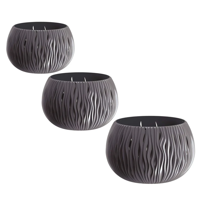 WELLHOME Pack of 3 Prosperplast BOWL SANDY Plastic Pots with Reservoir in Anthracite Colour, Set L