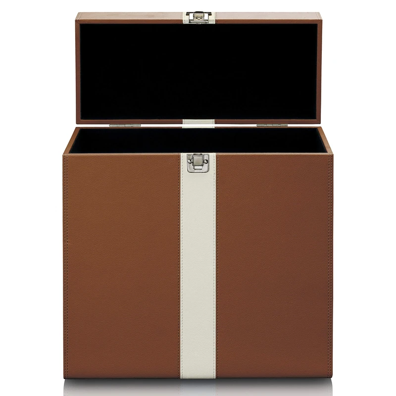 Lenco Classic Phono TTA-301 Storage Case for 30 Vinyl Records with Carry Handle and Metal Case Buckle Protective Velvet Lining Brown/White