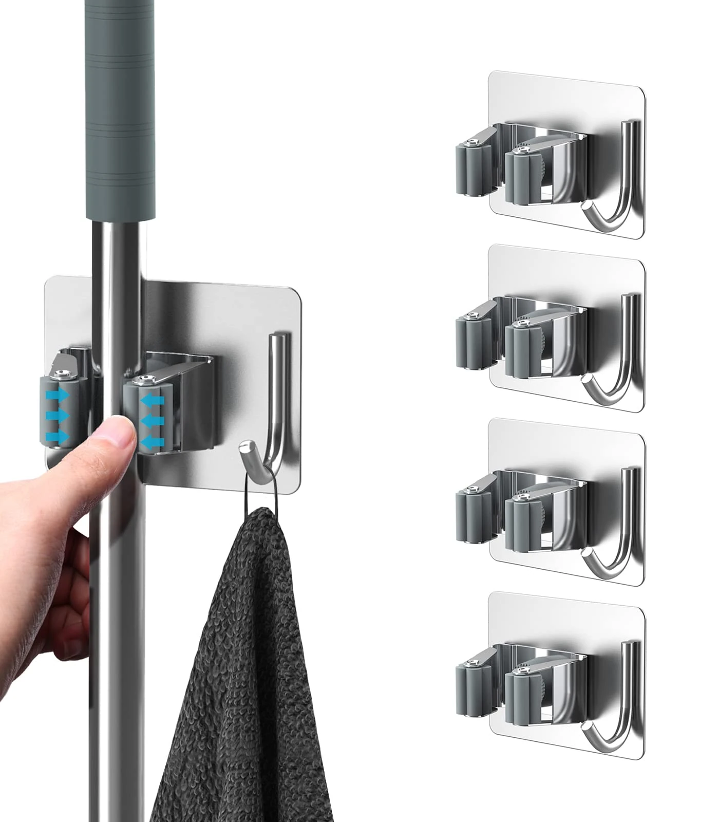 homeasy Mop Broom Holder, 4 Pcs Stainless Steel Self Adhesive Mop Holder Wall Mounted with Hooks Hanger Self-Adhesive Broom Holder for Bathroom, Kitchen, Office, Closet, Garden Garage(Silver)