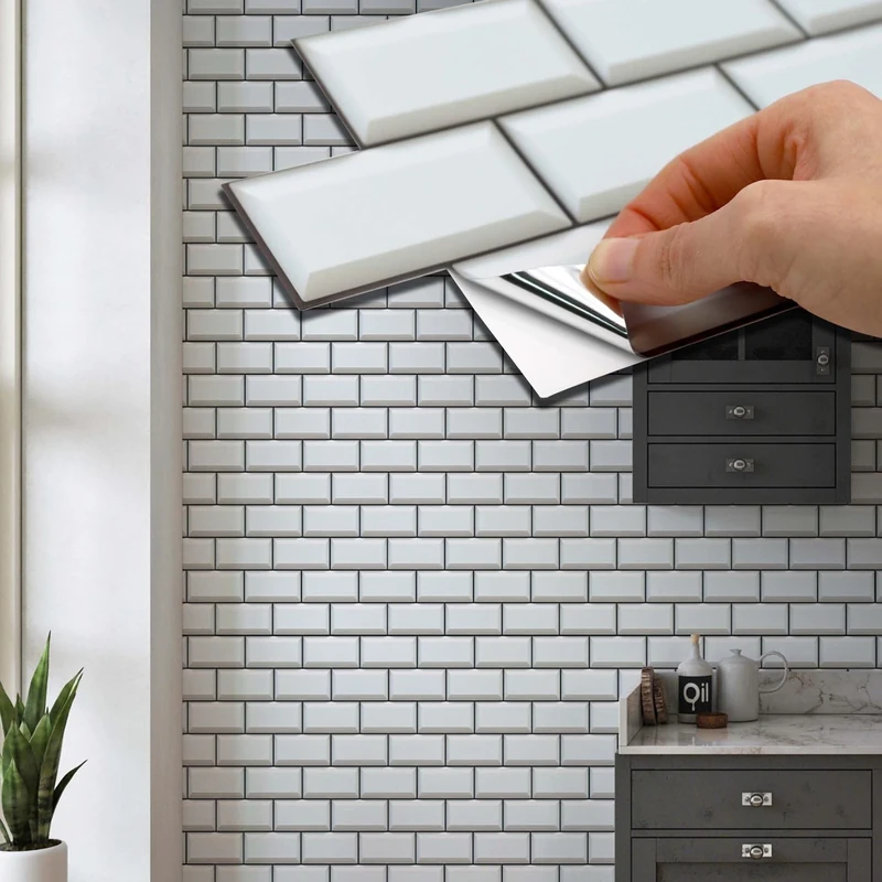 WALPLUS 28.5x14cm@60 pcs Off White Subway Brick Tile Sticker Backsplash Tile Paint Stick on Tiles Peel and Stick Self Adhesive Wall Tiles Stickers for Kitchen Bathroom Tile Transfer
