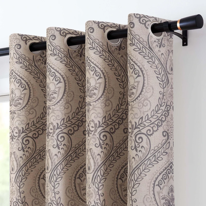 Vangao Damask Curtains Grey Curtains Paisley Medallion Print for Bedroom Living Room Darkening Drapes Vintage Linen Textured Window Treatment 96 Inch Curtains 2 Panels Grey on Beige