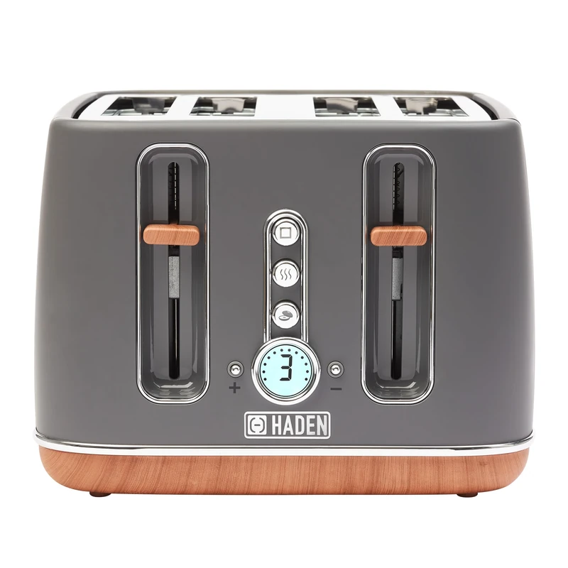 Haden Dorchester Grey Toaster 4 Slice - Variable Browning Levels - Digital Controls & Wide Slots 4 Slice Toaster - Cancel/Defrost/Reheat Settings - With Wood Effect Finish