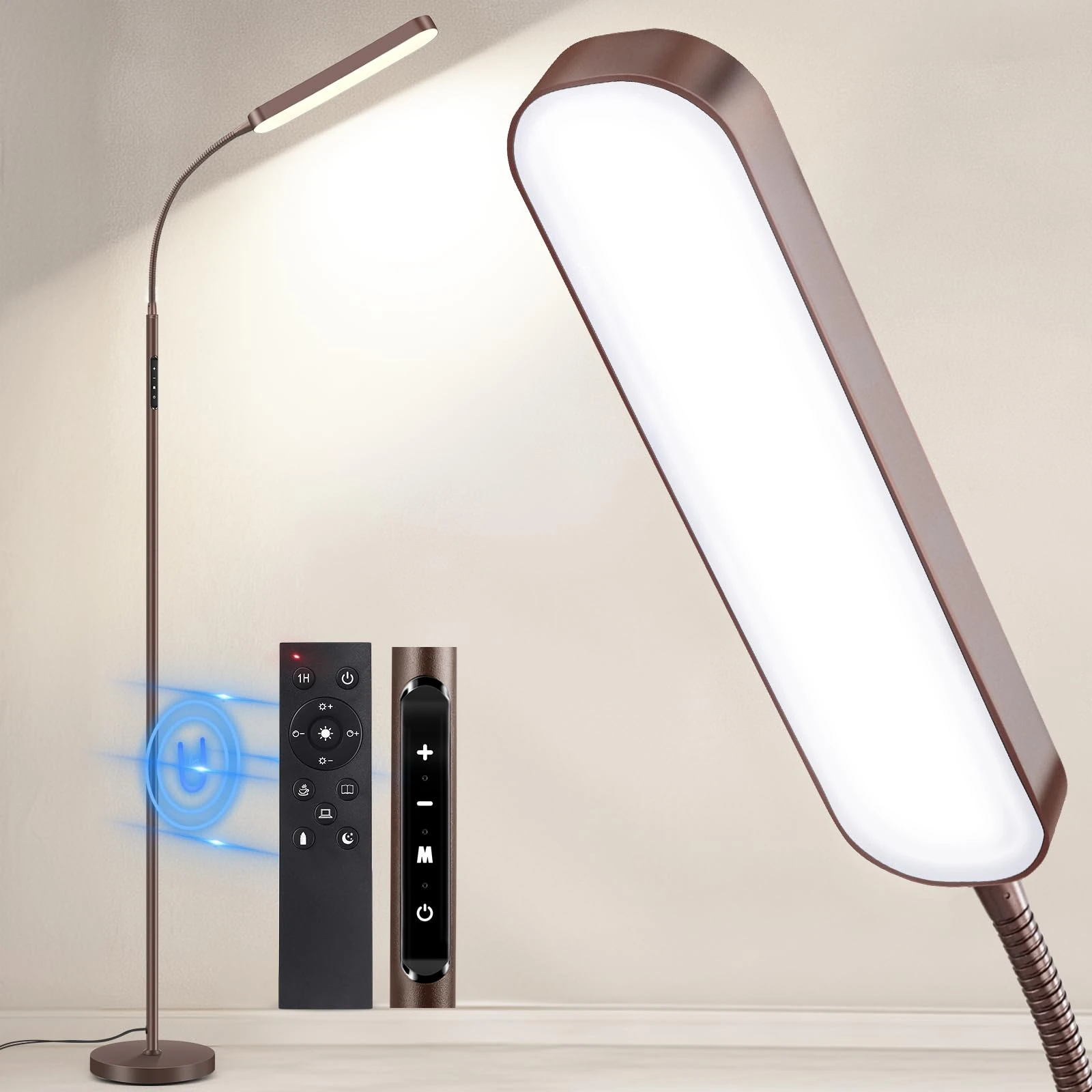 OUTON LED Floor Lamp 15W 1500LM, Adjustable Gooseneck LED Modern Lamp with 4 Color Temperature and Stepless Dimmer, Remote and Touch Control for Reading Living Room Bedroom (Bronze)