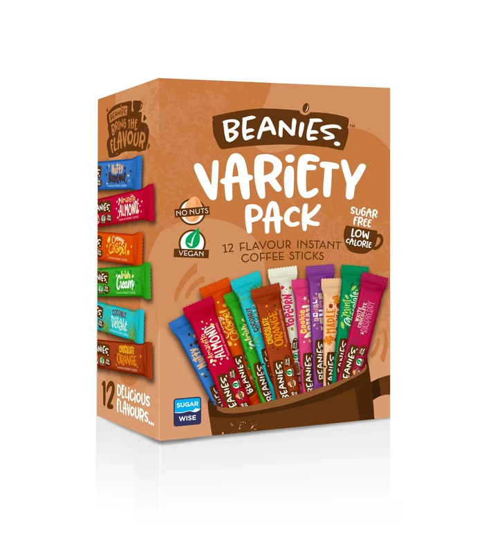 Beanies Mixed Flavoured Instant Coffee 12 Sachets with 12 Different Flavours in a variety pack, Freeze-Dried Granules, Premium Taste, Nut-Free, Rich in Flavour, Low-Calorie, Gluten-Free, Vegan