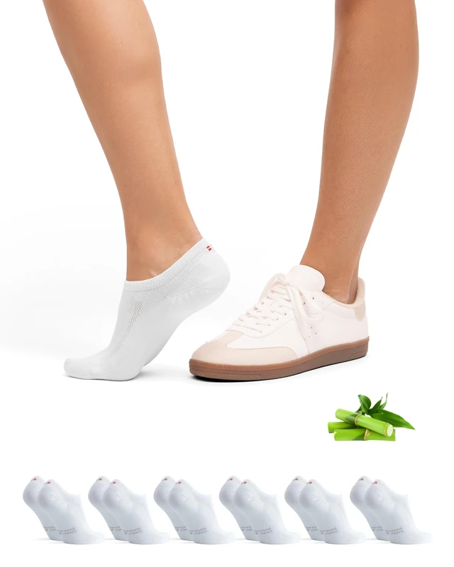 DANISH ENDURANCE No Show Bamboo Socks, Low Cut Trainer Socks, Invisible, for Men and Women, Unisex, 6 Pack, White, 6-8