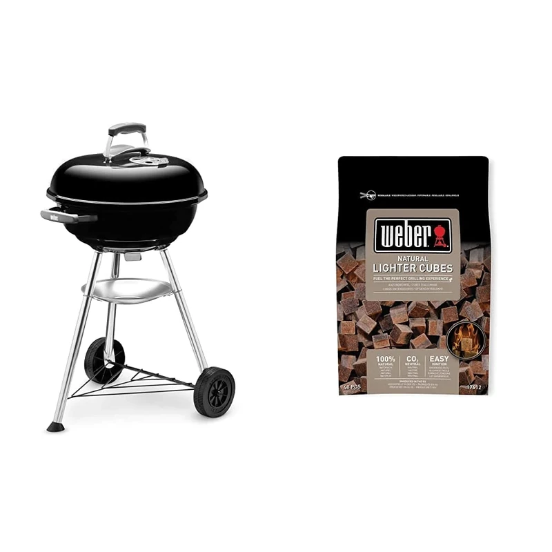 Weber Compact Kettle Charcoal Grill, Ø 47 cm, Black (1221004) & 17612 Lighter Cube, Mixed, 38x17x5 cm