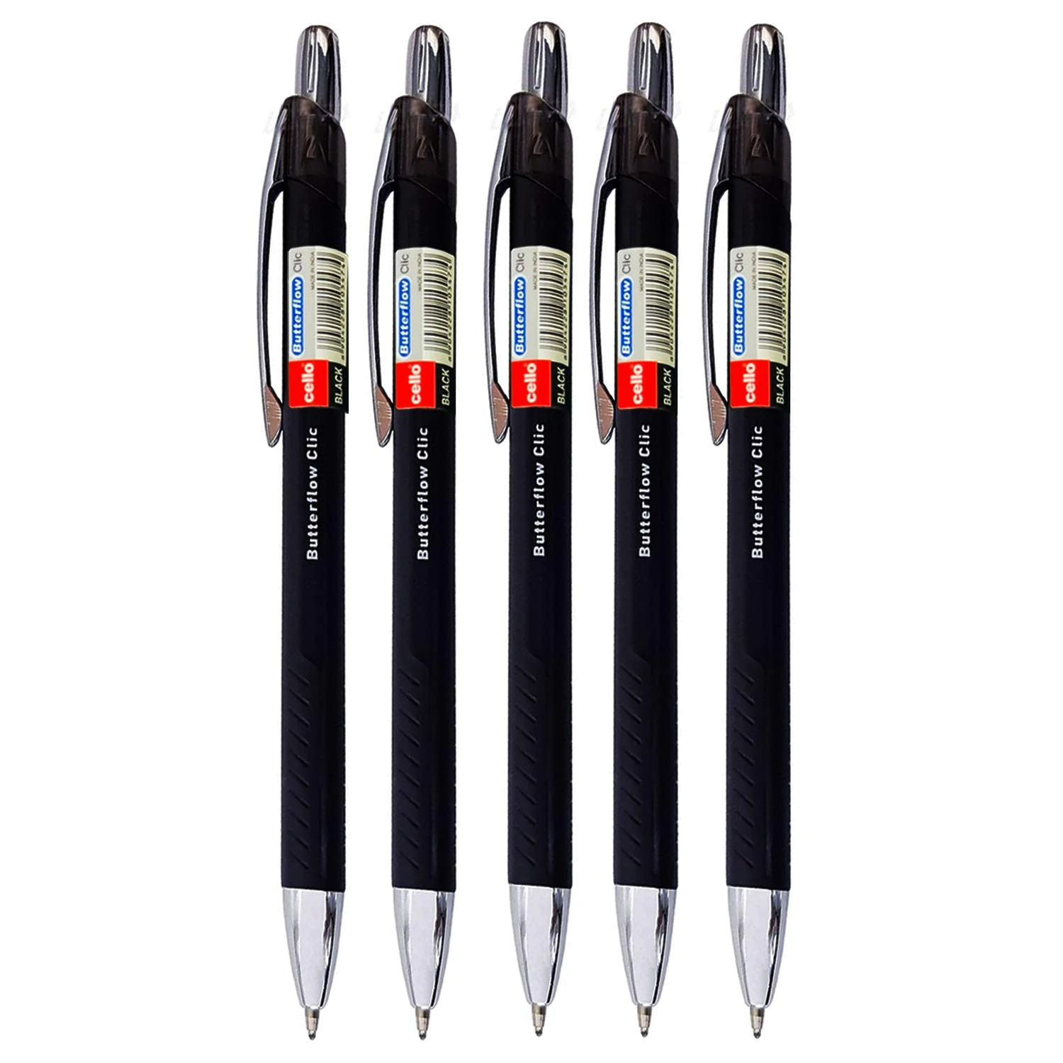 Cello Butterflow Clic Retractable Ballpoint Pens | Medium Point (0.8 mm) | Pack of 5 Biro, Black Pen