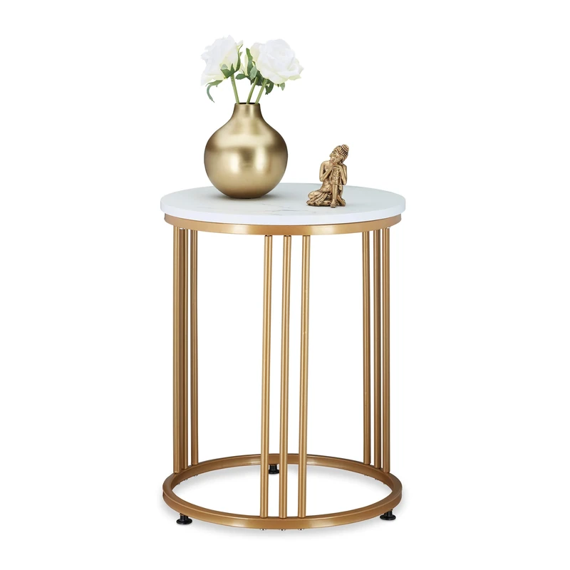Relaxdays Side Table, Round, Marble Optic, H x W x D: 51 x 41 x 41 cm, White/Gold