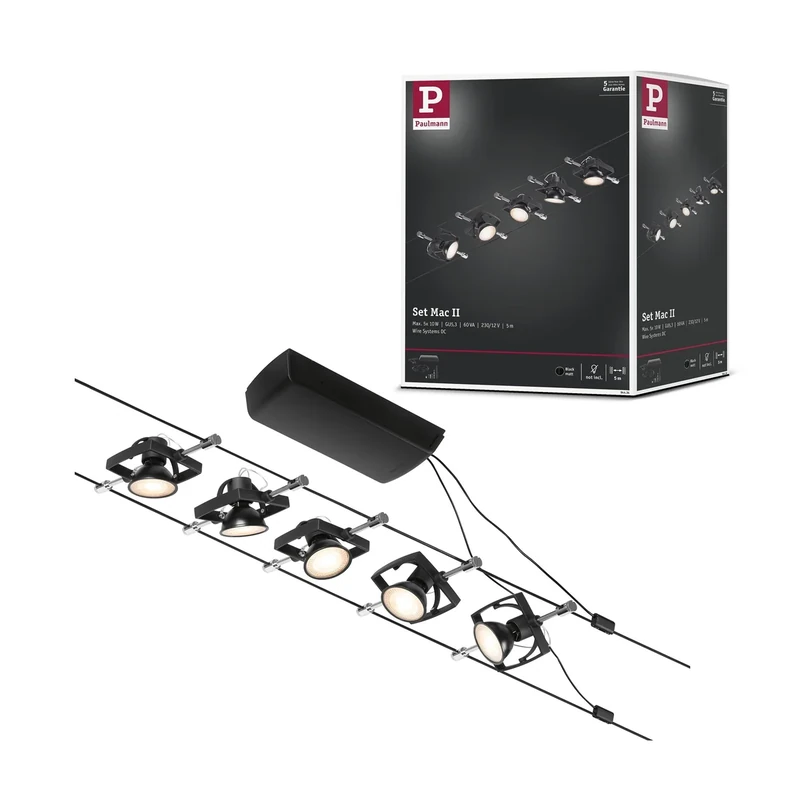 Paulmann 94434 CorDuo Cable Lighting System – Mac II DC Extendable Ceiling Light Metal Wire System for GU5.3 LED Lamps - Suitable for Max 5 x 10 Watt Bulbs, Comes Without Bulbs - Matt Black Chrome