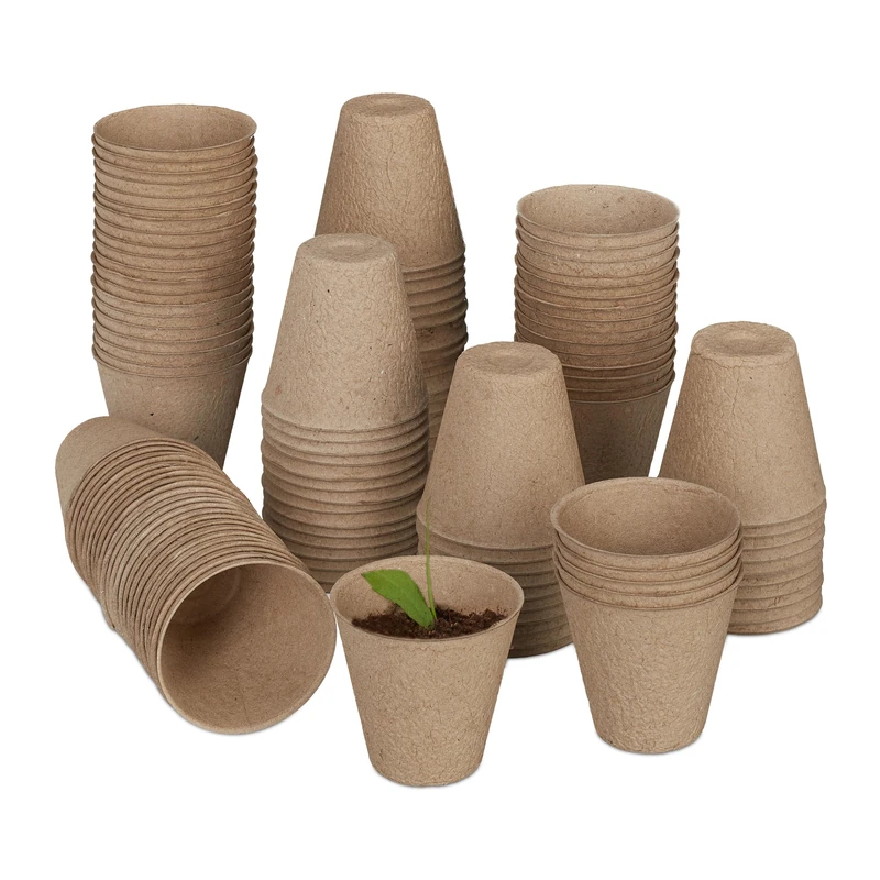 Relaxdays Set of 120 Biodegradable Cellulose Cultivation Pots H x D 7.5 x 8 cm Round Propagators Small Natural - Image 1