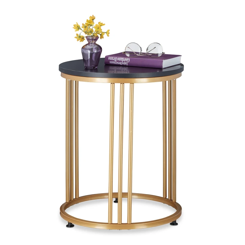 Relaxdays Side Table, Round, Marble Optic, H x W x D: 51 x 41 x 41 cm, Black/Gold