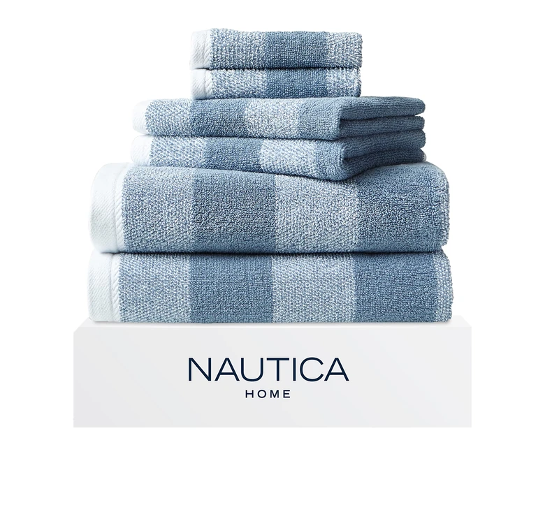 Nautica Highly Absorbent & Quick Dry Towel, Stylish Bathroom Decor & Dorm Room Essentials, 100% Cotton, Oak Lake Medium Blue/Light Blue, 6-Piece