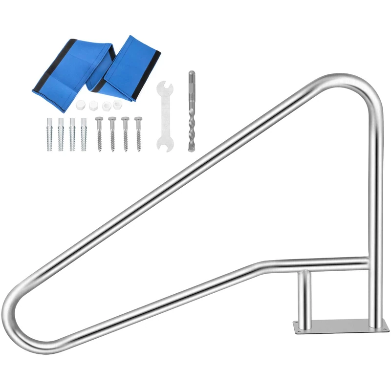 VEVOR Pool Rail 54x36" Pool Railing 304 Stainless Steel 250LBS Load Capacity Silver Rustproof Pool Handrail Humanized Swimming Pool Handrail with Blue Grip Cover & M8 Drill Bit & Self-Taping Screws