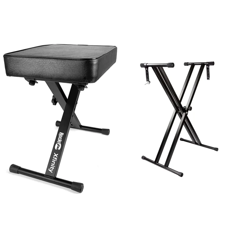 Rockjam RJX29 Double Braced Adjustable Keyboard Stand with Locking Straps, Black RJKBB100 Premium Adjustable Padded Keyboard Bench or Digital Piano Stool with lessons.