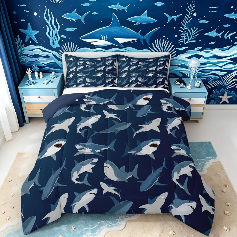 Boys Shark Bedding Set Ocean Sealife Comforter Set for Kids Youth Teens,Under Sea Marine Life Duvet Insert,Underwater World Creature Bed Quilt,Nautical Sea Animal Bedroom Decor Full Size Navy Blue