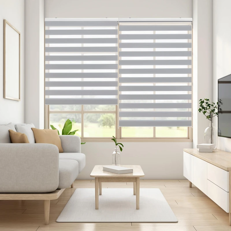 Blindecor LIRA Double Layer Roller Blind, Night and Day, Silver Grey, 130 x 180 cm